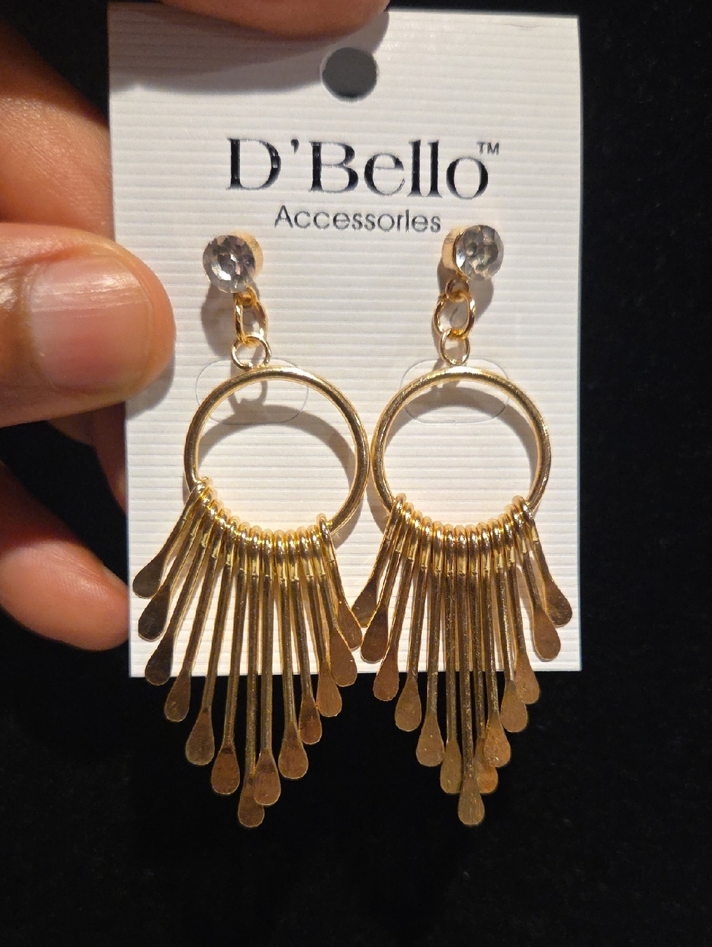 D'Bello Gold Fringe Hoop Earrings with Crystal Stud
